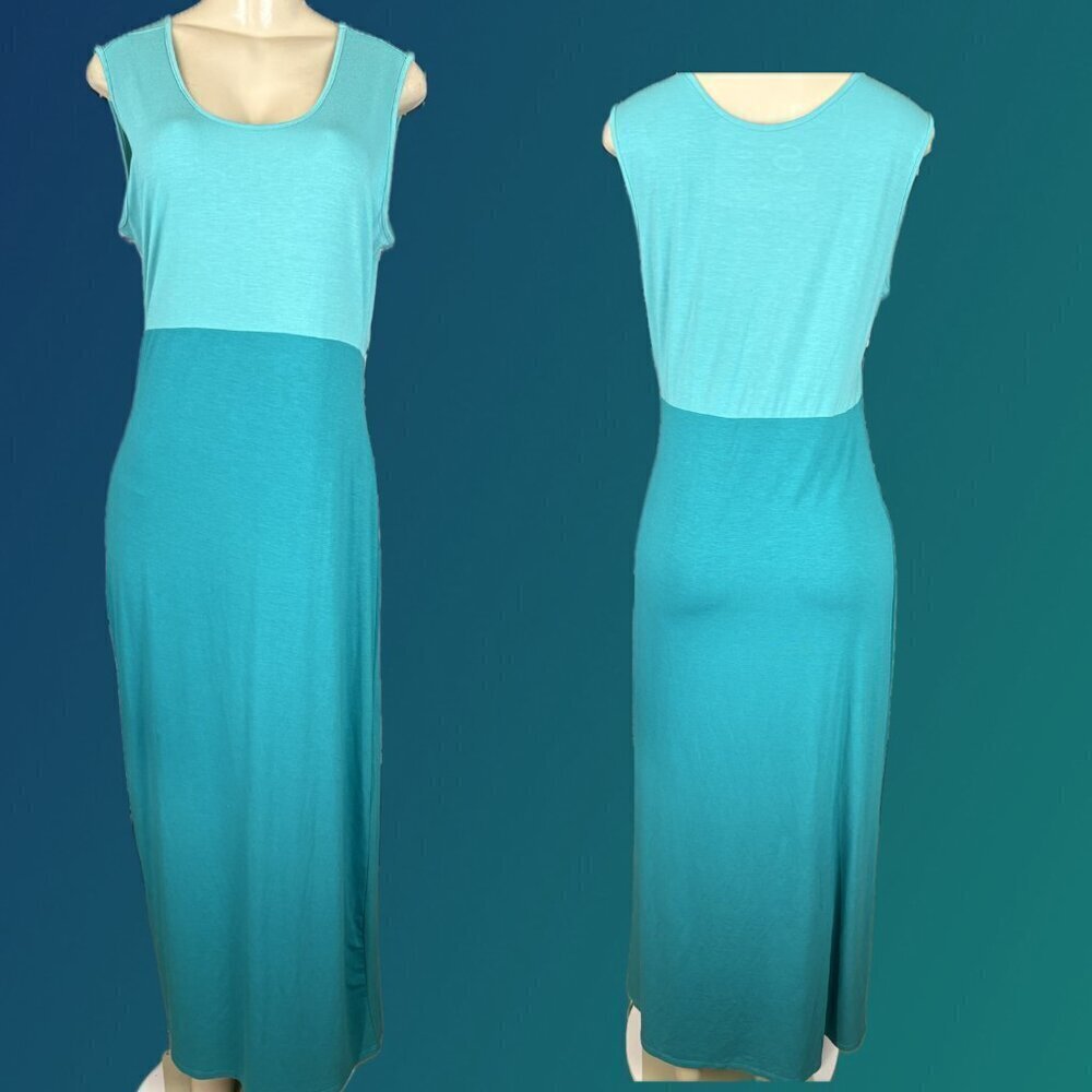 Serena Williams M Teal Green Bicolor Scoop Neck Poly Blend Sleeveless Maxi Dress